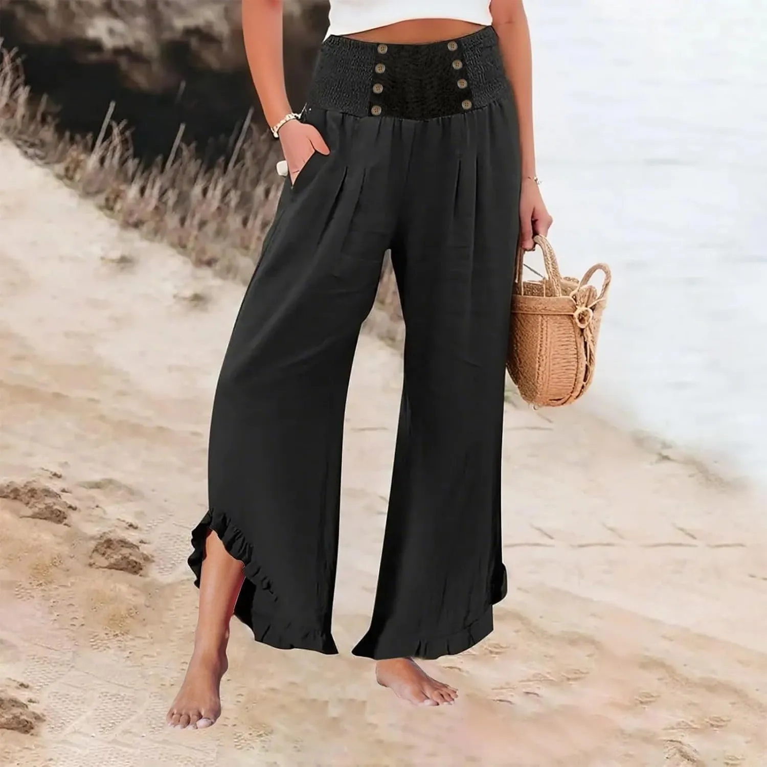 Womens Linen Pants Summer Casual Loose High Waisted Pleated Irregular Wide Leg Trousers for Casual Travel