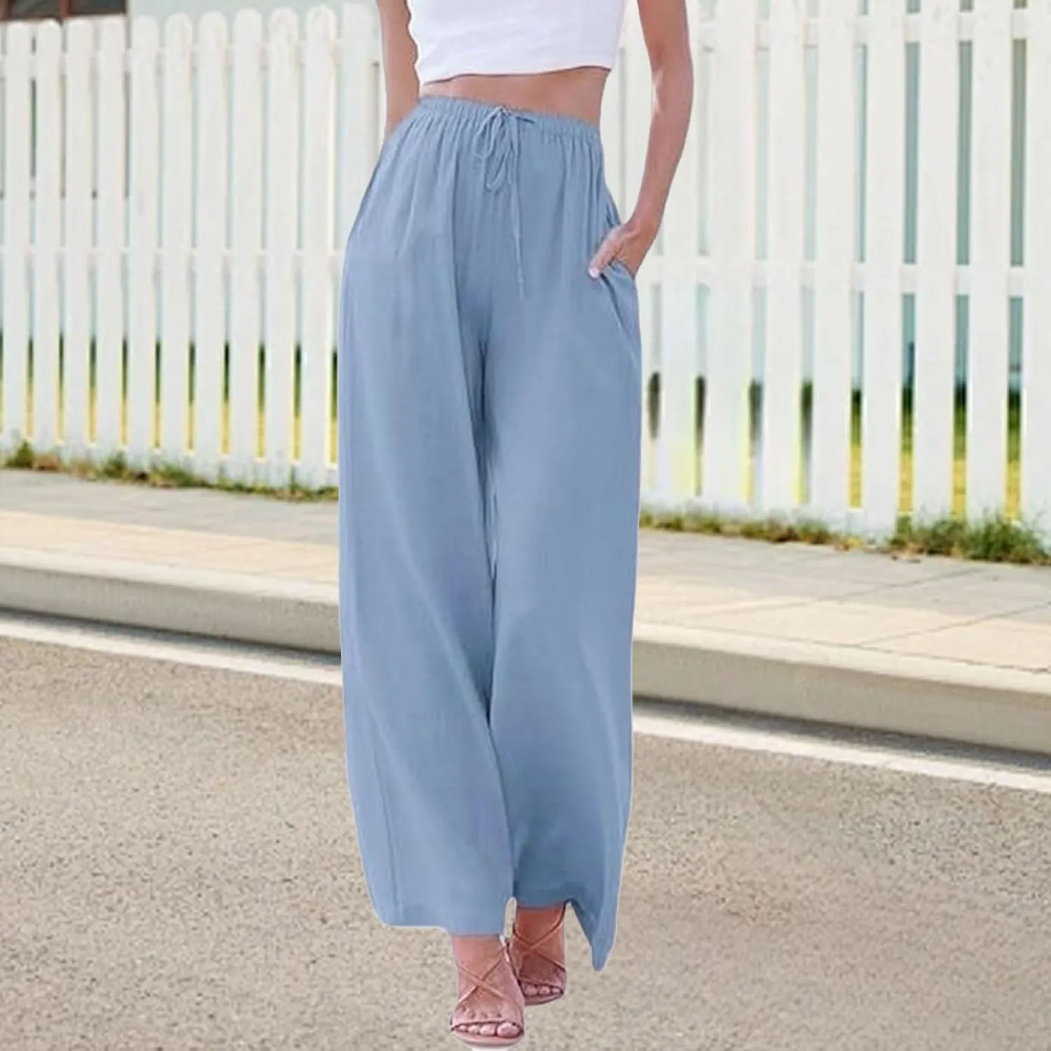 Women's Linen Pants Summer Loose High Waisted Drawstring Wide Leg Pants Casual Lightweight Trousers with Pockets