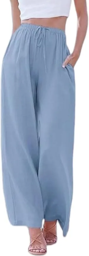 Women's Linen Pants Summer Loose High Waisted Drawstring Wide Leg Pants Casual Lightweight Trousers with Pockets