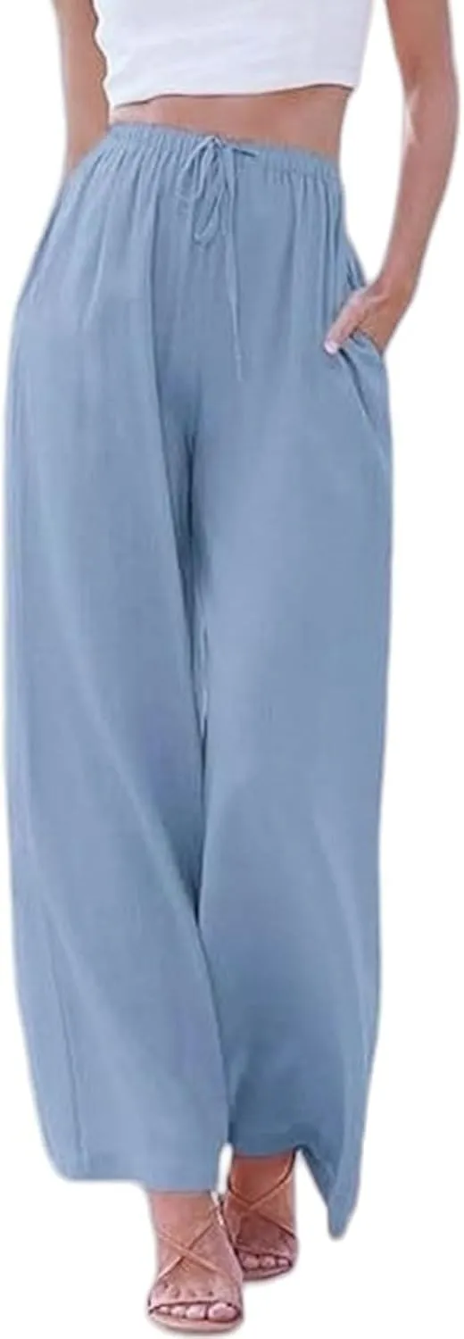 Women's Linen Pants Summer Loose High Waisted Drawstring Wide Leg Pants Casual Lightweight Trousers with Pockets