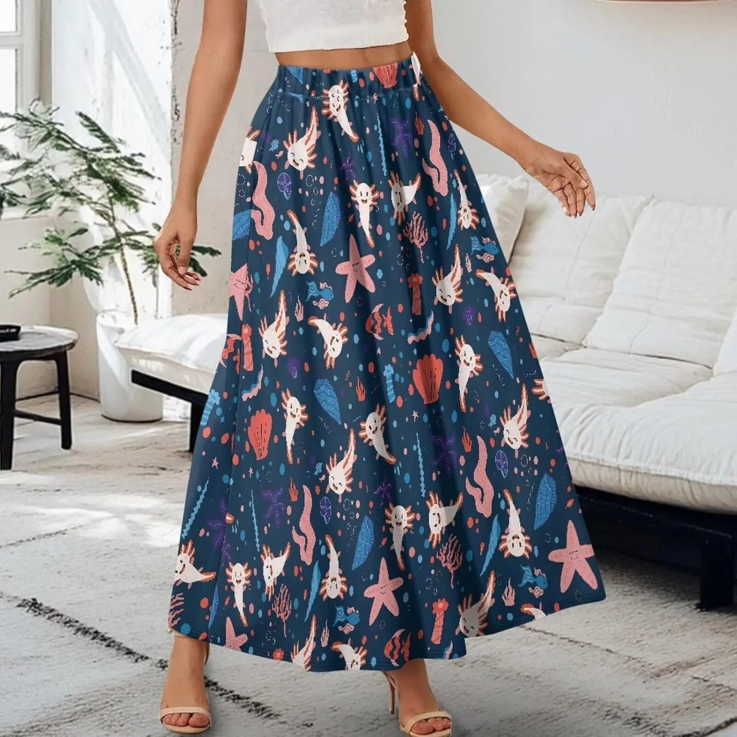 Women's Long Skirt High Waisted Casual Stretch Flowy Swing Skirts with Pockets Floral Skirt for Party Festival
