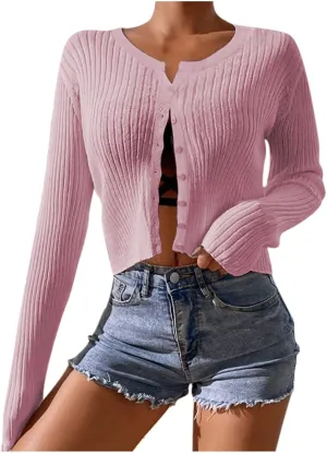 Women's Long Sleeve Cropped Cardigans Button up Knit Sweater Open Front Fashion Soft Casual Outwear