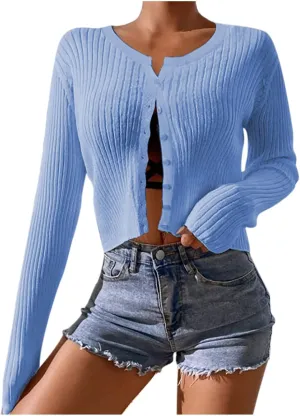 Women's Long Sleeve Cropped Cardigans Button up Knit Sweater Open Front Fashion Soft Casual Outwear
