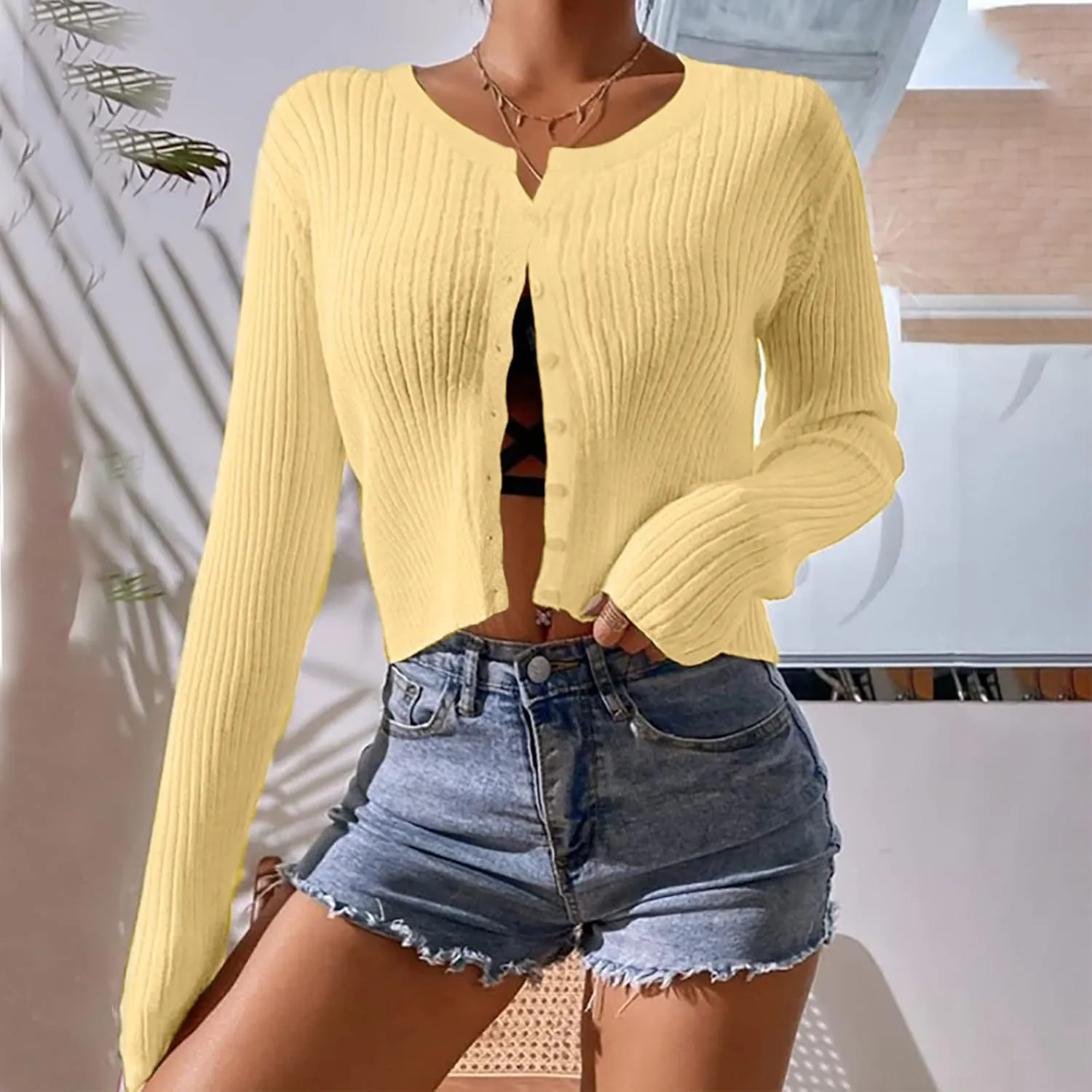 Women's Long Sleeve Cropped Cardigans Button up Knit Sweater Open Front Fashion Soft Casual Outwear