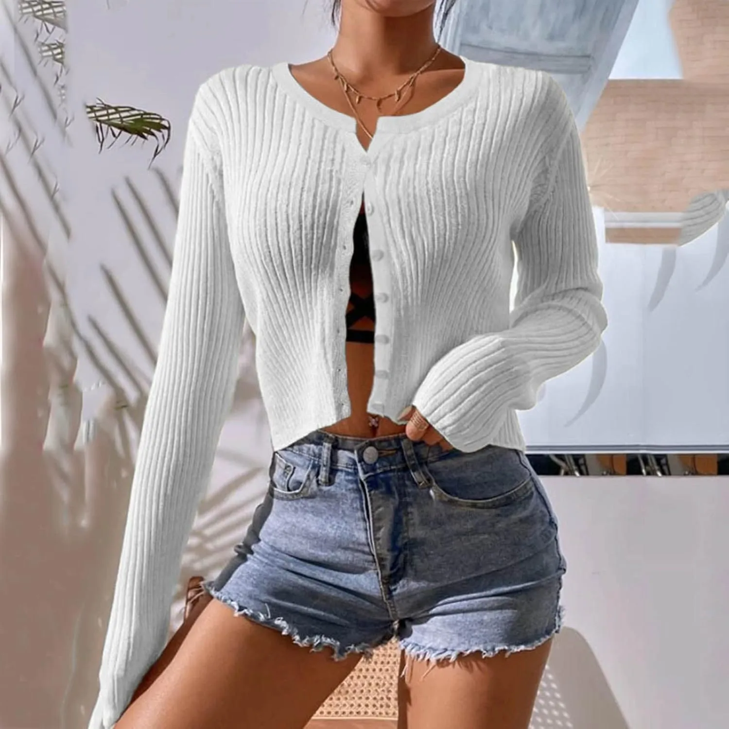 Women's Long Sleeve Cropped Cardigans Button up Knit Sweater Open Front Fashion Soft Casual Outwear