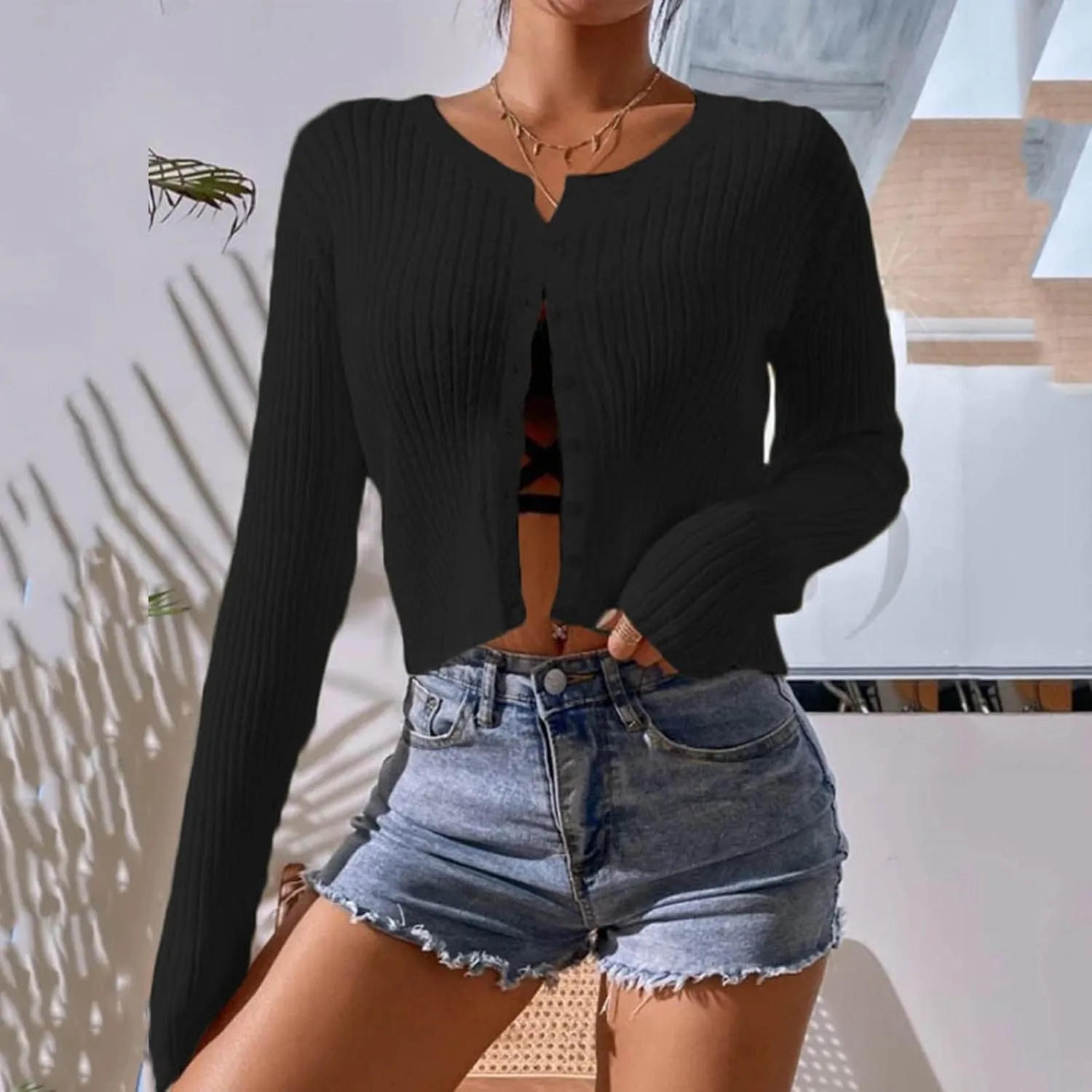 Women's Long Sleeve Cropped Cardigans Button up Knit Sweater Open Front Fashion Soft Casual Outwear