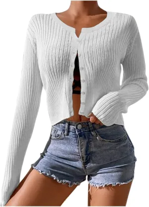 Women's Long Sleeve Cropped Cardigans Button up Knit Sweater Open Front Fashion Soft Casual Outwear