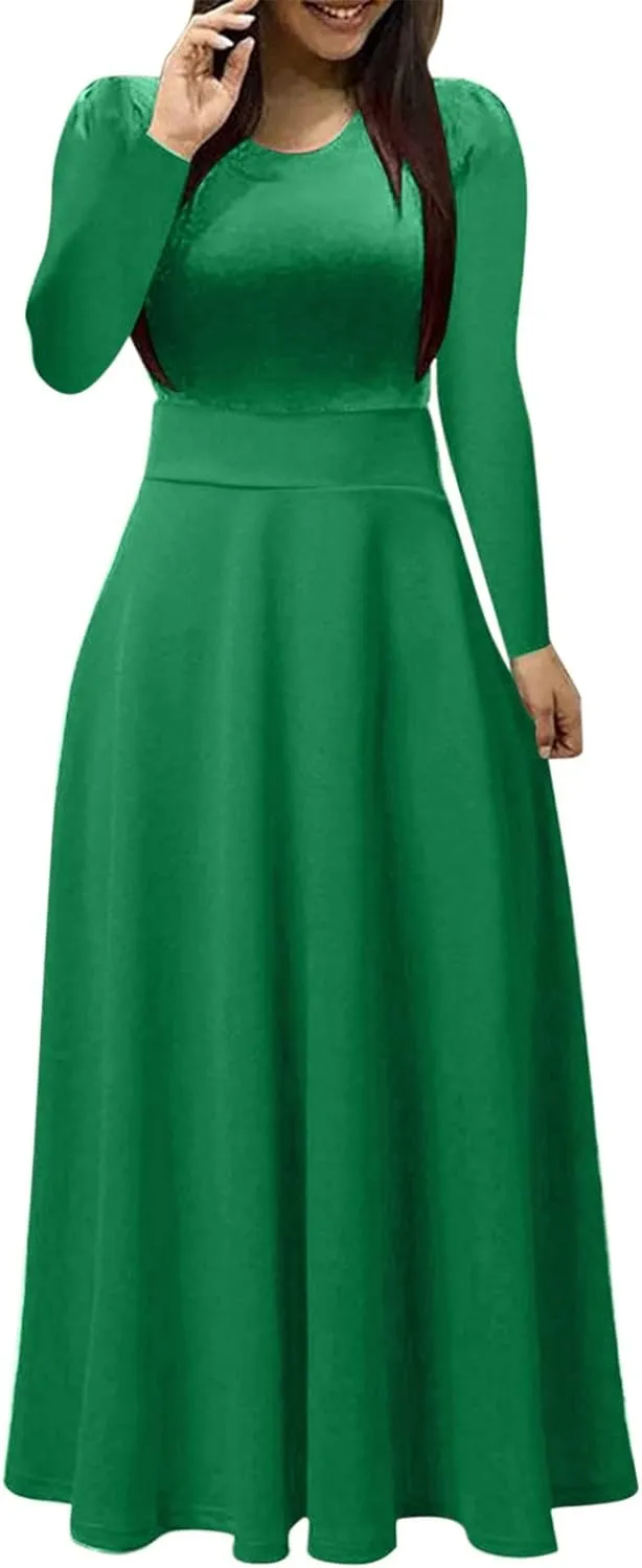 Womens Long Sleeve Maxi Wedding Guest Dresses for Fall Casual Crewneck Tunic Dress Long High Waist Halloween Dress