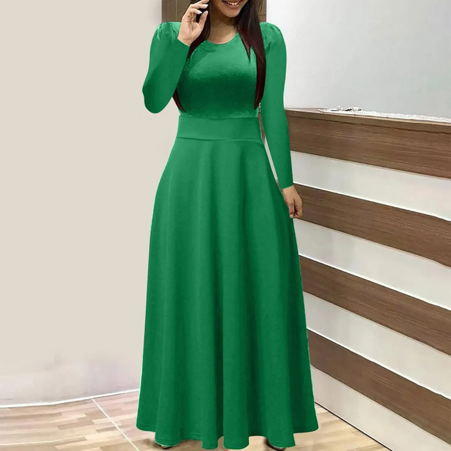 Womens Long Sleeve Maxi Wedding Guest Dresses for Fall Casual Crewneck Tunic Dress Long High Waist Halloween Dress