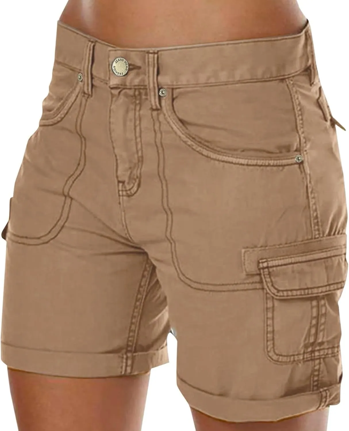 Women's Loose Solid Color Mini Pant,Summer Beach Shorts with Buttons,Cargo Hot Pants for Casual Wear