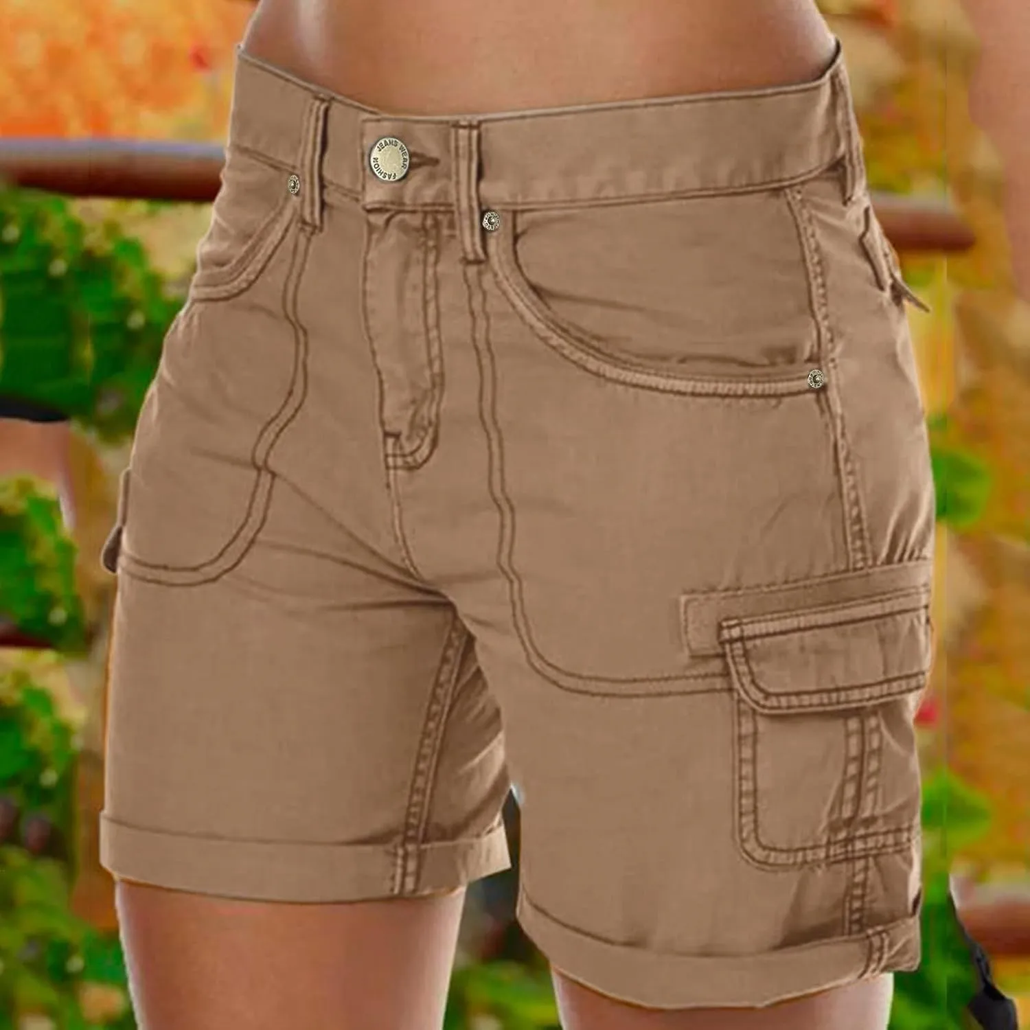 Women's Loose Solid Color Mini Pant,Summer Beach Shorts with Buttons,Cargo Hot Pants for Casual Wear