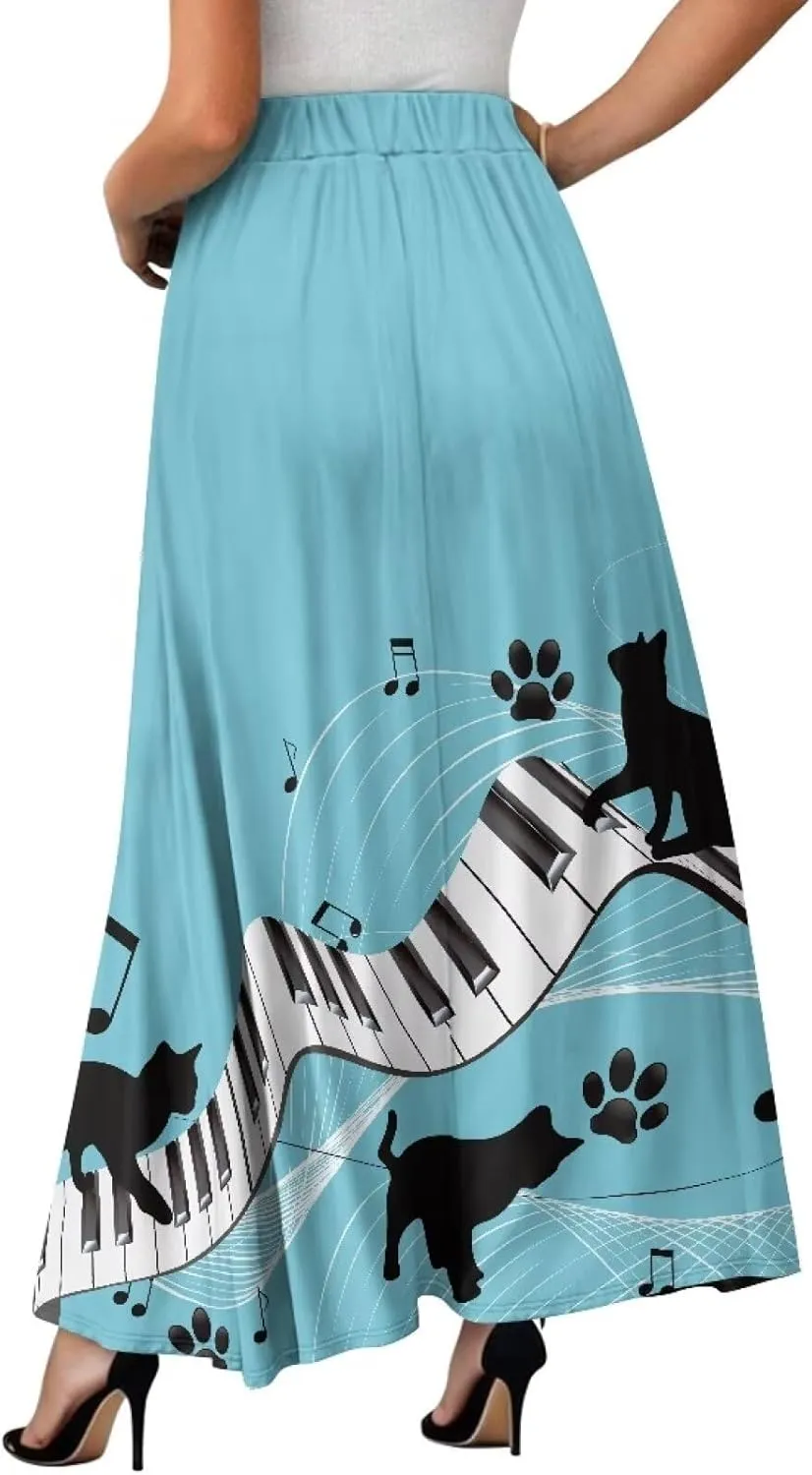 Women's Maxi Skirt High Waisted Stretch Flowy Swing Long Skirts with Pockets Floral Skirt for Casual Festival S-2XL