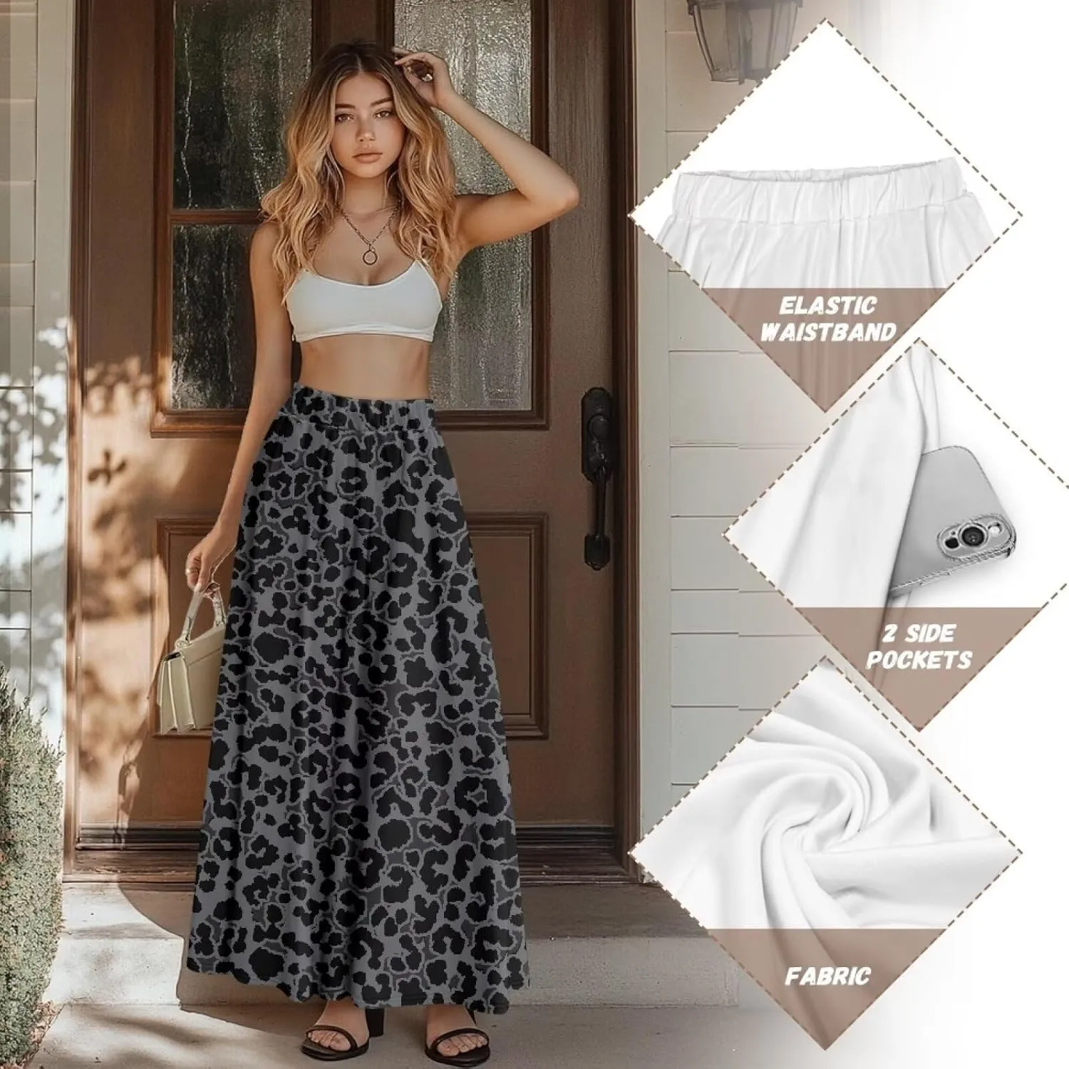Women's Maxi Skirt High Waisted Stretch Flowy Swing Long Skirts with Pockets Floral Skirt for Casual Festival S-2XL