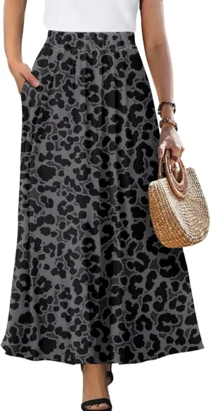 Women's Maxi Skirt High Waisted Stretch Flowy Swing Long Skirts with Pockets Floral Skirt for Casual Festival S-2XL