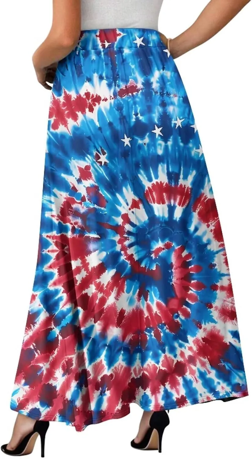 Women's Maxi Skirt High Waisted Stretch Flowy Swing Long Skirts with Pockets Floral Skirt for Casual Festival S-2XL