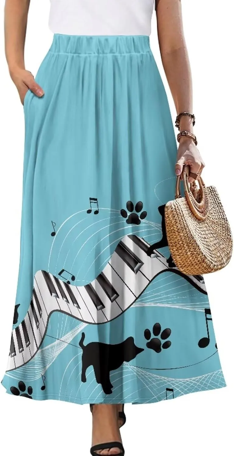 Women's Maxi Skirt High Waisted Stretch Flowy Swing Long Skirts with Pockets Floral Skirt for Casual Festival S-2XL