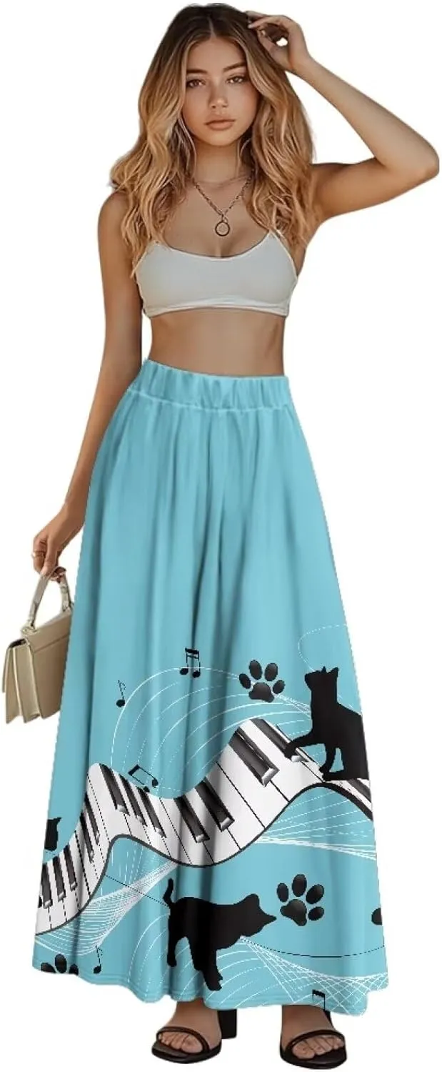 Women's Maxi Skirt High Waisted Stretch Flowy Swing Long Skirts with Pockets Floral Skirt for Casual Festival S-2XL