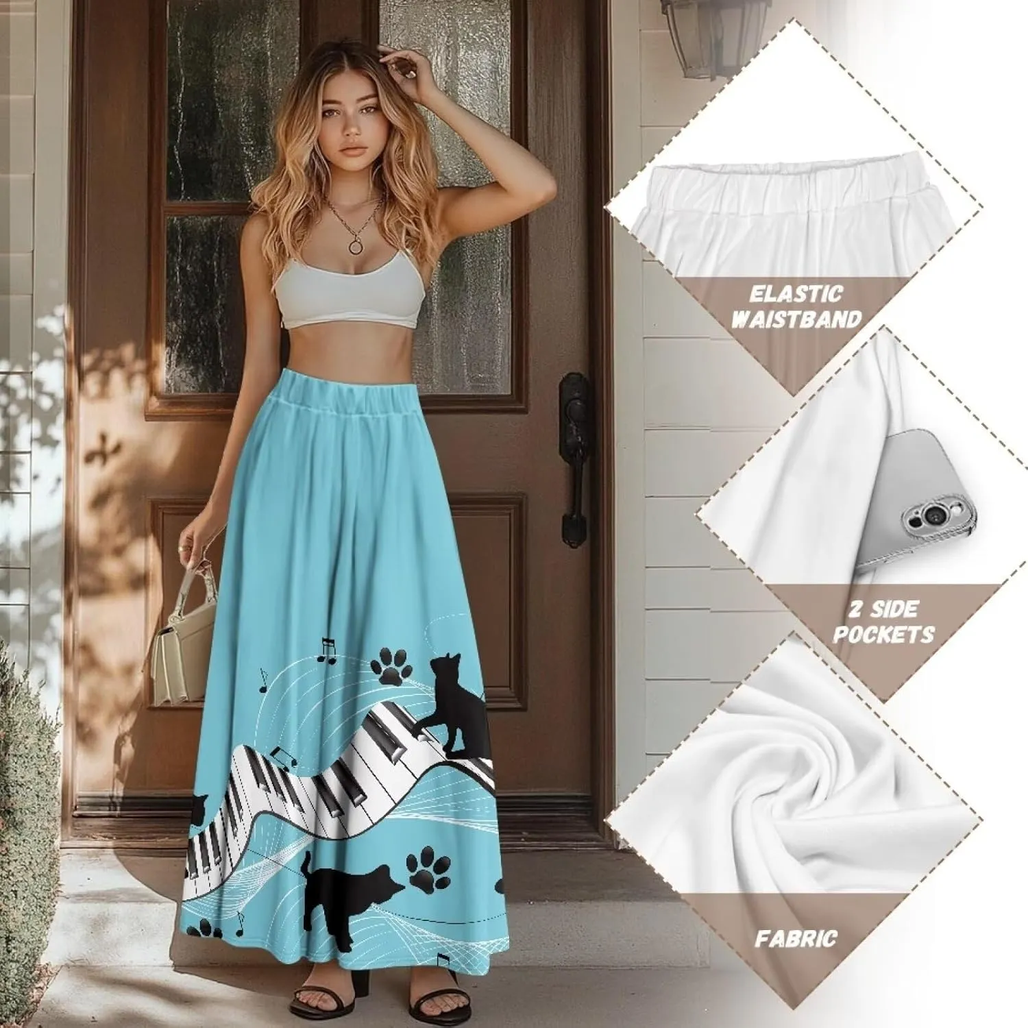 Women's Maxi Skirt High Waisted Stretch Flowy Swing Long Skirts with Pockets Floral Skirt for Casual Festival S-2XL