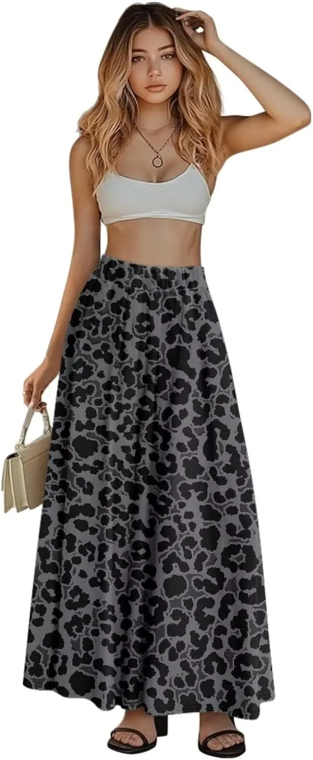 Women's Maxi Skirt High Waisted Stretch Flowy Swing Long Skirts with Pockets Floral Skirt for Casual Festival S-2XL