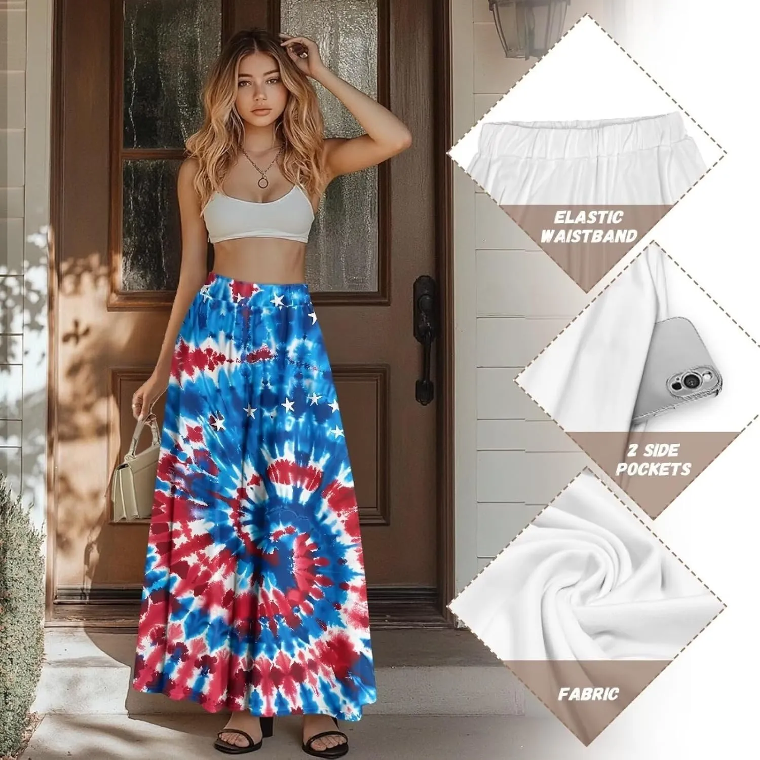 Women's Maxi Skirt High Waisted Stretch Flowy Swing Long Skirts with Pockets Floral Skirt for Casual Festival S-2XL