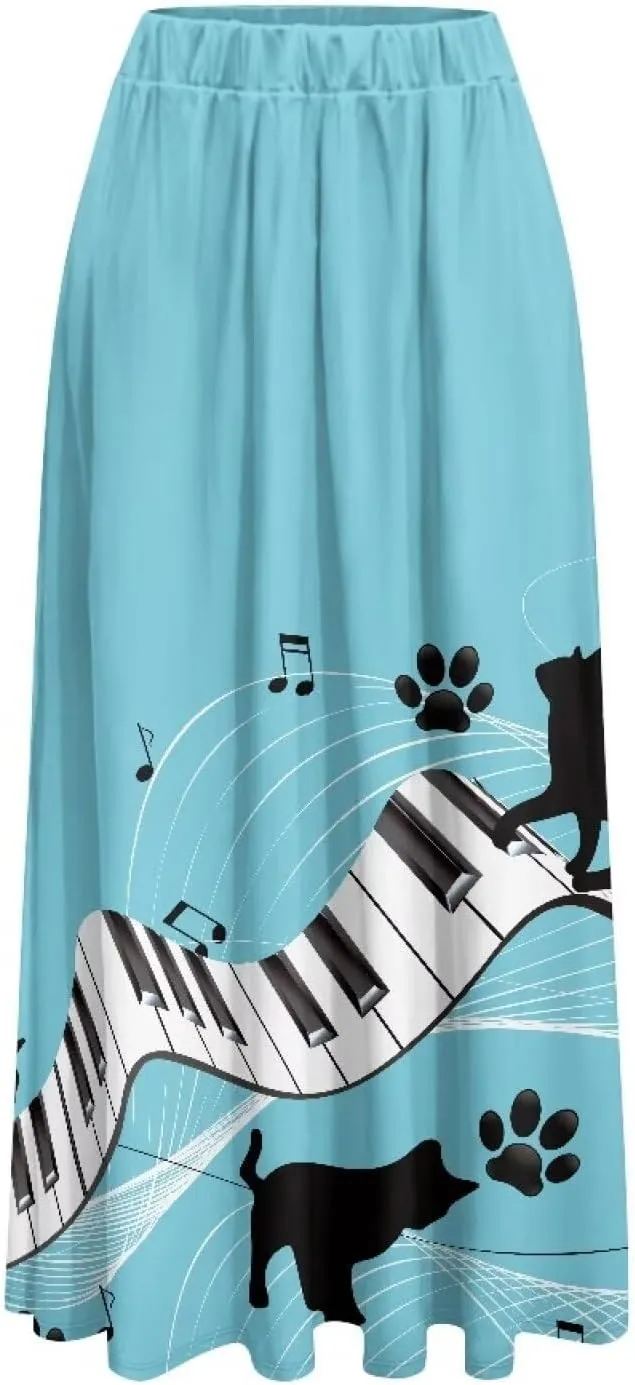 Women's Maxi Skirt High Waisted Stretch Flowy Swing Long Skirts with Pockets Floral Skirt for Casual Festival S-2XL