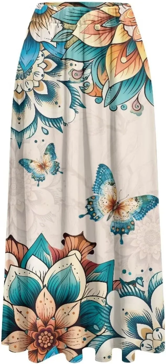 Women's Maxi Skirt High Waisted Stretch Flowy Swing Long Skirts with Pockets Floral Skirt for Casual Festival S-2XL