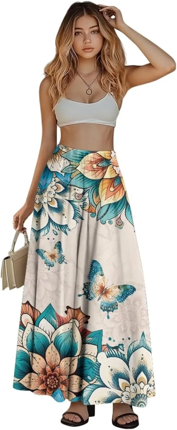 Women's Maxi Skirt High Waisted Stretch Flowy Swing Long Skirts with Pockets Floral Skirt for Casual Festival S-2XL