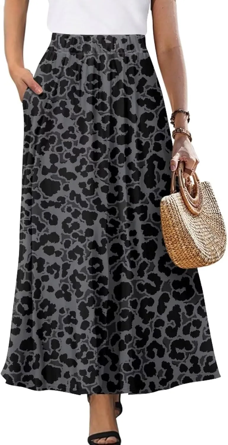 Women's Maxi Skirt High Waisted Stretch Flowy Swing Long Skirts with Pockets Floral Skirt for Casual Festival S-2XL