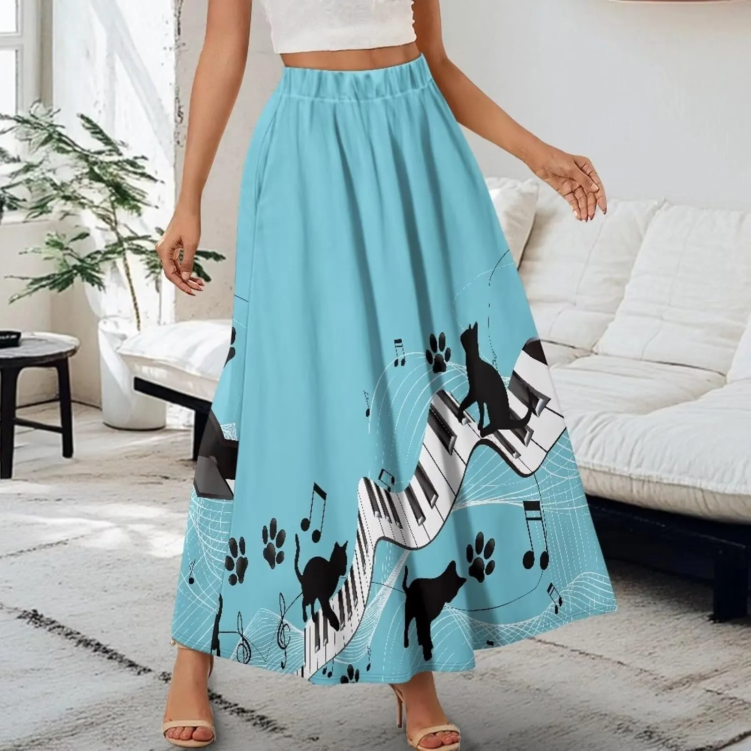 Women's Maxi Skirt High Waisted Stretch Flowy Swing Long Skirts with Pockets Floral Skirt for Casual Festival S-2XL
