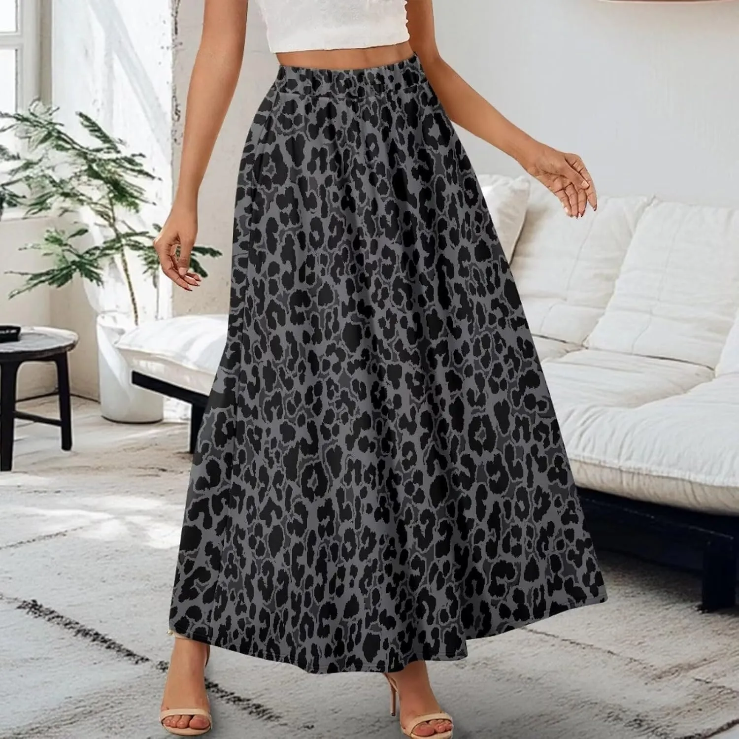 Women's Maxi Skirt High Waisted Stretch Flowy Swing Long Skirts with Pockets Floral Skirt for Casual Festival S-2XL