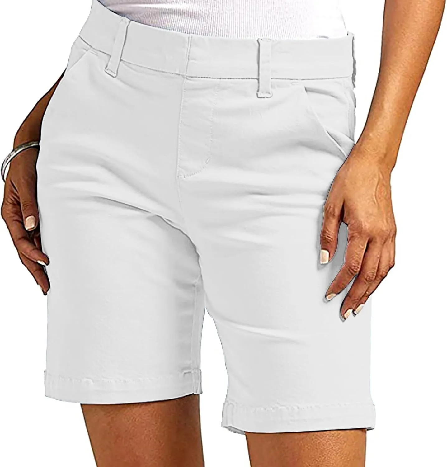 Women's Mid Rise Slim Fit Chino Bermuda Shorts Ultra Lux Comfort Walking Super Comfy Business Casual Pants