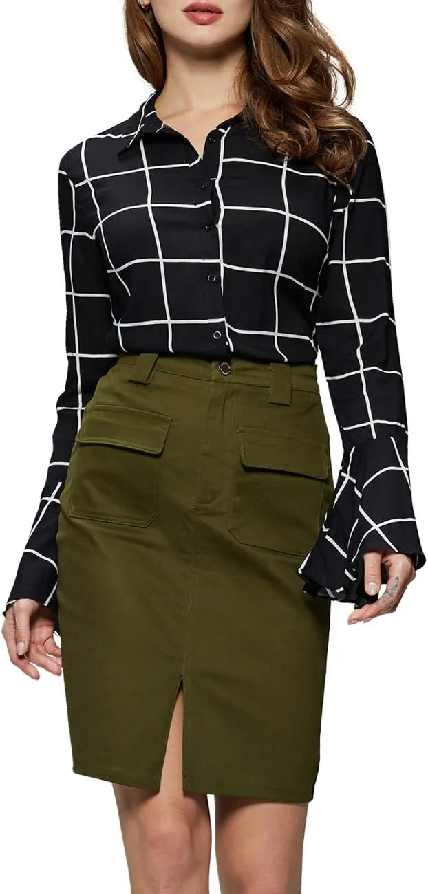 Women's Midi Knee Length Workout Cotton Pencil Skirts with Front Pockets and Slit