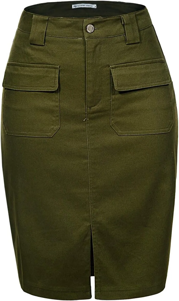 Women's Midi Knee Length Workout Cotton Pencil Skirts with Front Pockets and Slit