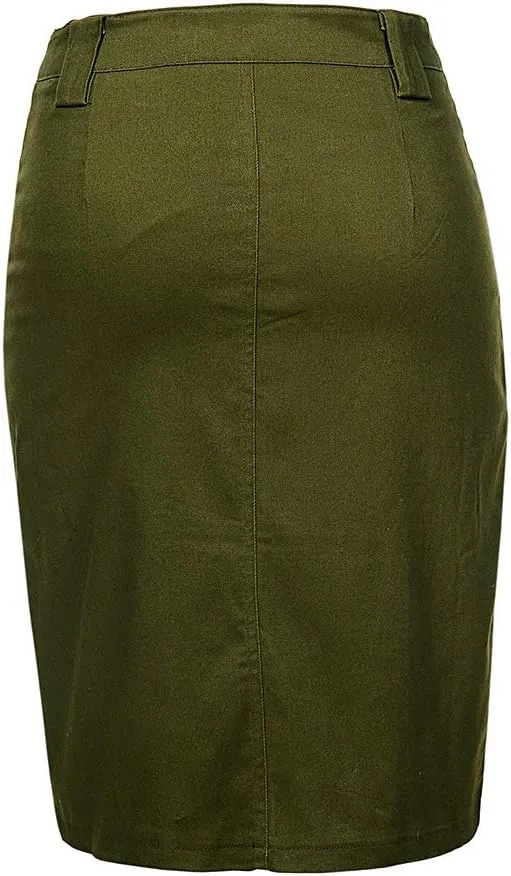 Women's Midi Knee Length Workout Cotton Pencil Skirts with Front Pockets and Slit