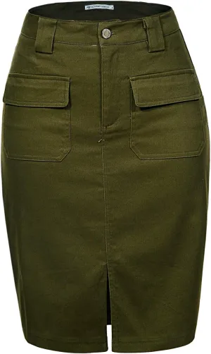 Women's Midi Knee Length Workout Cotton Pencil Skirts with Front Pockets and Slit