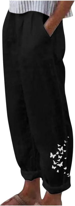 Womens Pants Casual Floral Printed Plus Size Capris Loose Fitting Joggers Lightweight Cropped Pants with Pocket