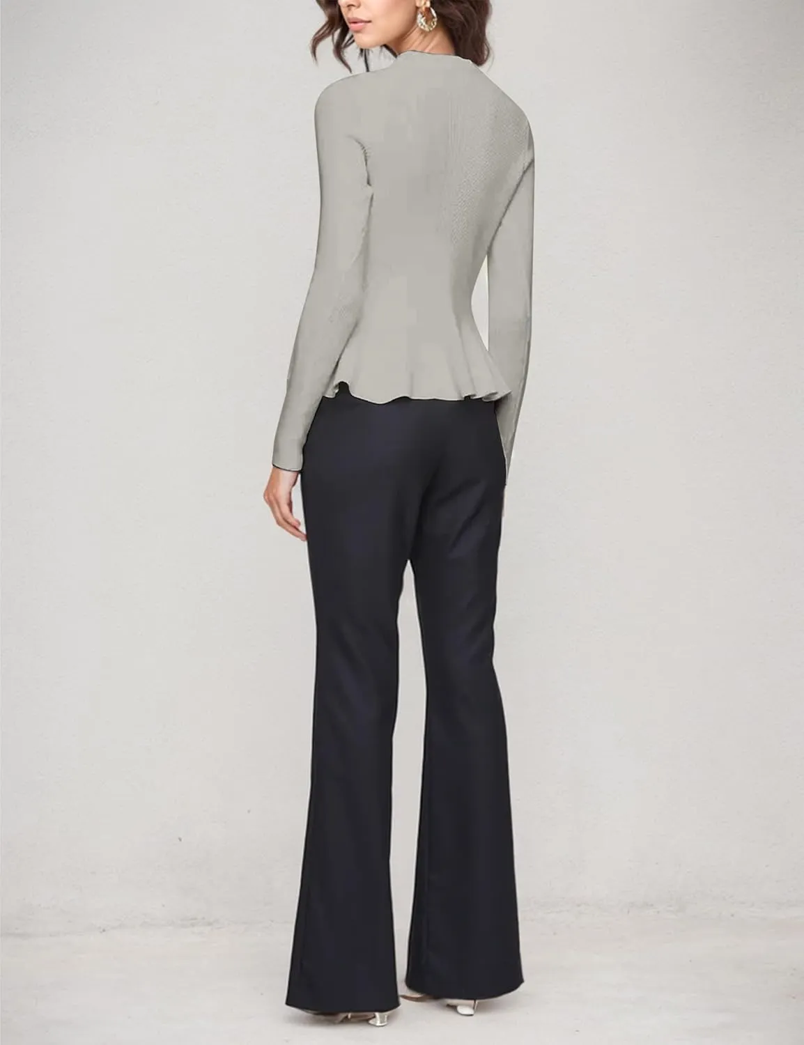 Womens Peplum Hem Crew Neck Sweater Basic Slim Fit Long Sleeve Ribbed Tunic Tops