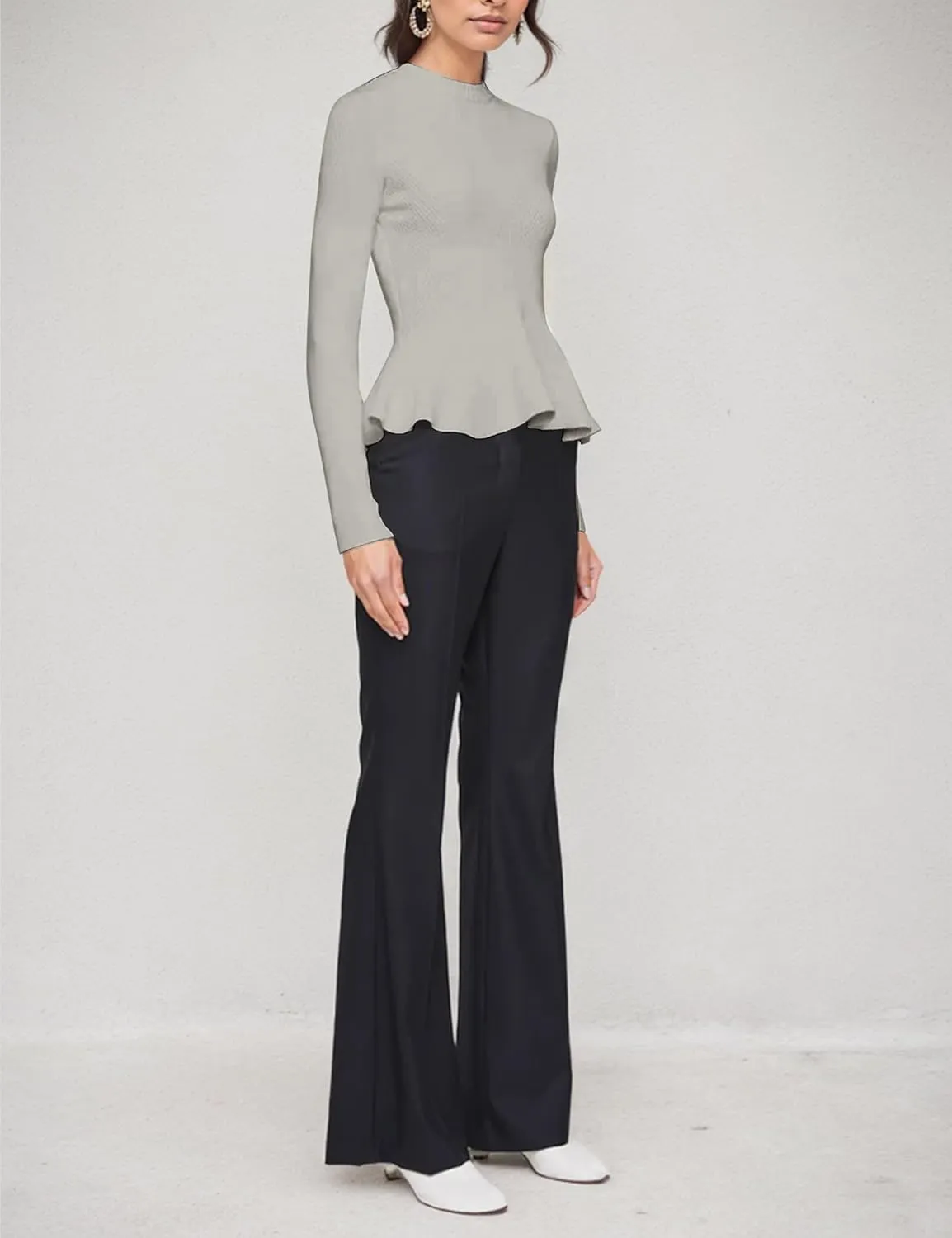 Womens Peplum Hem Crew Neck Sweater Basic Slim Fit Long Sleeve Ribbed Tunic Tops