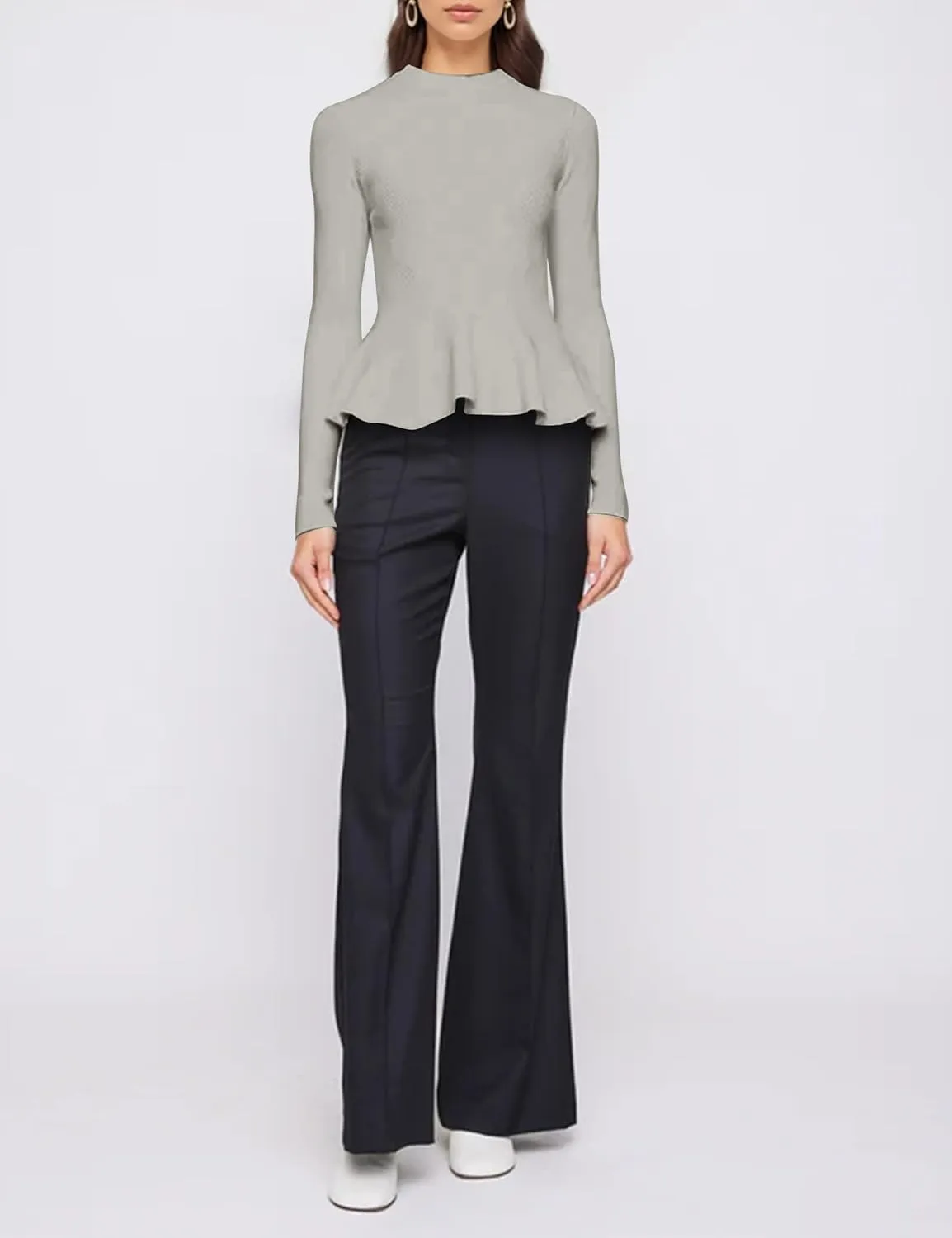 Womens Peplum Hem Crew Neck Sweater Basic Slim Fit Long Sleeve Ribbed Tunic Tops