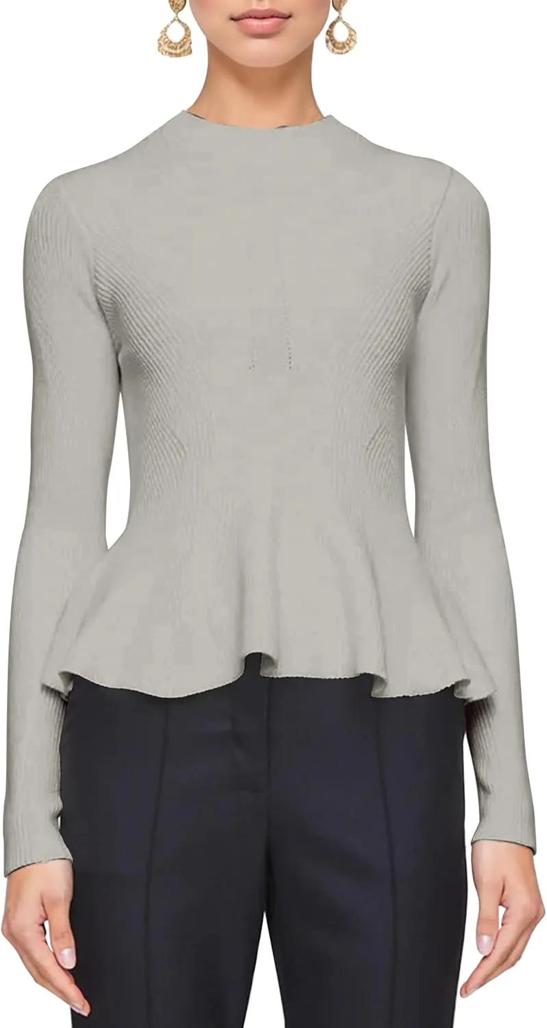 Womens Peplum Hem Crew Neck Sweater Basic Slim Fit Long Sleeve Ribbed Tunic Tops