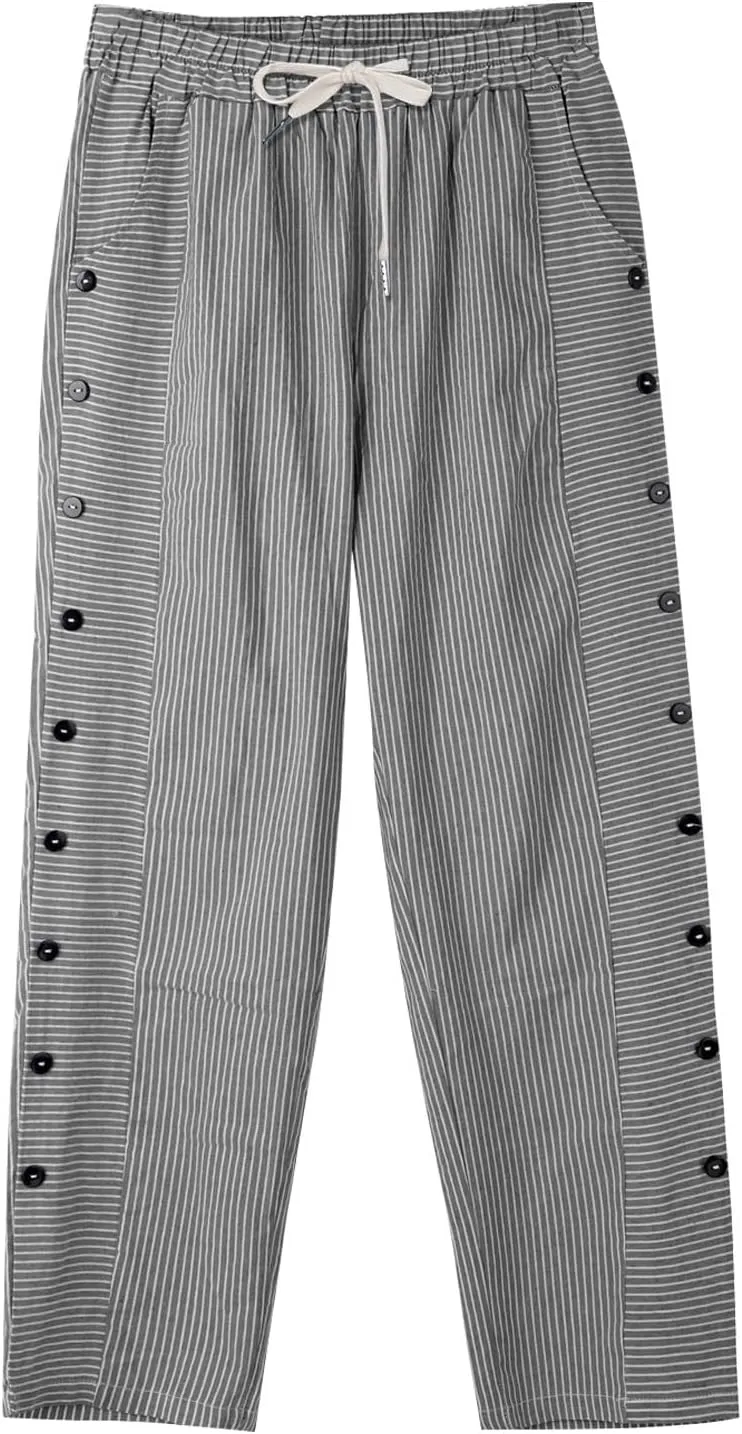 Womens Plaid Pants Linen Striped Elastic Waistband High Waistband Pocket Pants Side Summer Boho Wide Leg High Waist
