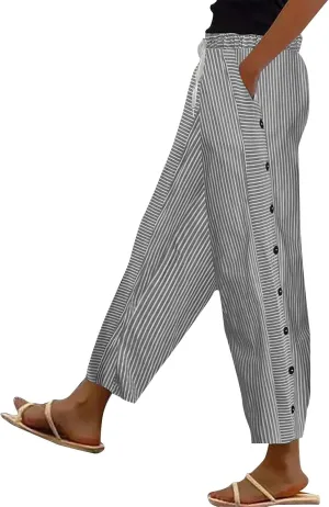 Womens Plaid Pants Linen Striped Elastic Waistband High Waistband Pocket Pants Side Summer Boho Wide Leg High Waist