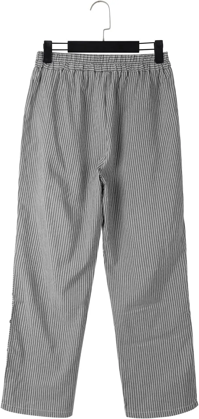 Womens Plaid Pants Linen Striped Elastic Waistband High Waistband Pocket Pants Side Summer Boho Wide Leg High Waist