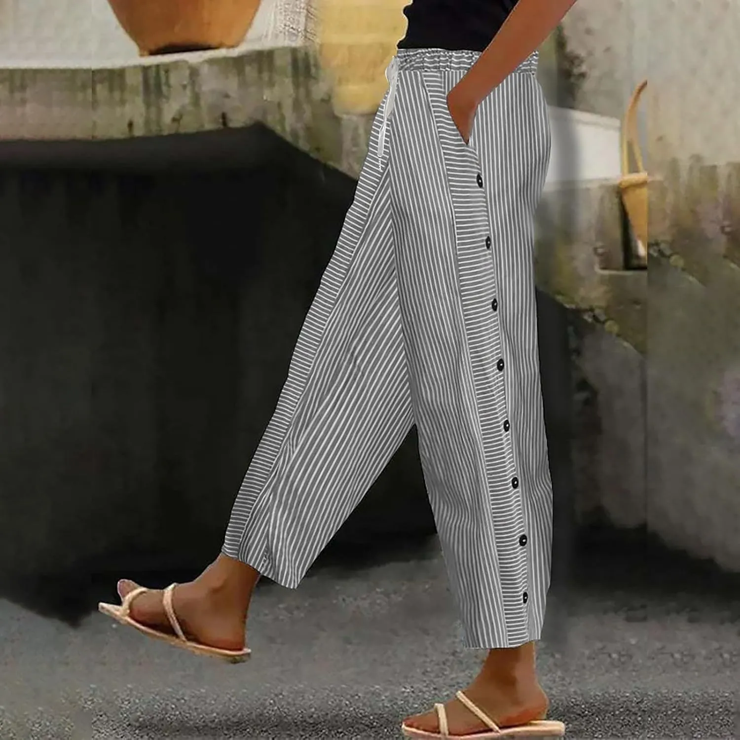 Womens Plaid Pants Linen Striped Elastic Waistband High Waistband Pocket Pants Side Summer Boho Wide Leg High Waist