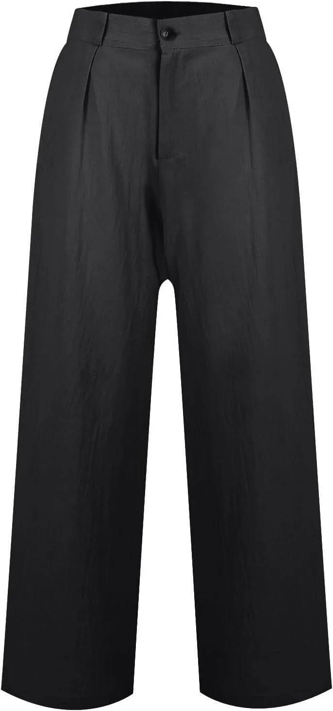 Women's Pull On High Waist Wide-Leg Pants Button Down Straight Long Trousers Slack Flowy Palazzo Pant with Pocket