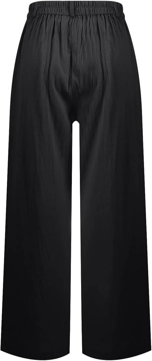Women's Pull On High Waist Wide-Leg Pants Button Down Straight Long Trousers Slack Flowy Palazzo Pant with Pocket