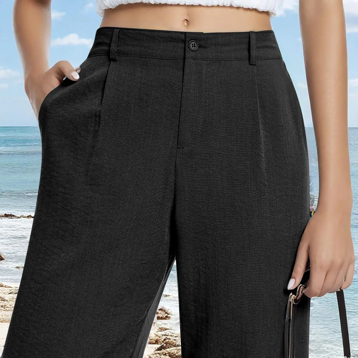 Women's Pull On High Waist Wide-Leg Pants Button Down Straight Long Trousers Slack Flowy Palazzo Pant with Pocket