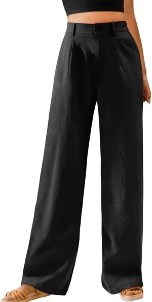 Women's Pull On High Waist Wide-Leg Pants Button Down Straight Long Trousers Slack Flowy Palazzo Pant with Pocket