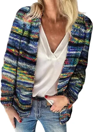 Women's Rainbow Striped Cardigan Sweater Chunky Long Sleeve Multicolor Open Front Sweater Soft Outerwear Coats