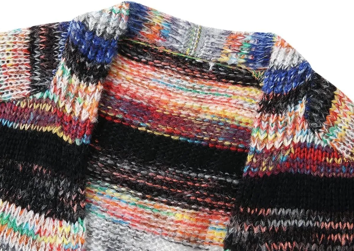 Women's Rainbow Striped Cardigan Sweater Chunky Long Sleeve Multicolor Open Front Sweater Soft Outerwear Coats